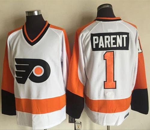 Flyers #1 Bernie Parent White CCM Throwback Stitched NHL Jersey